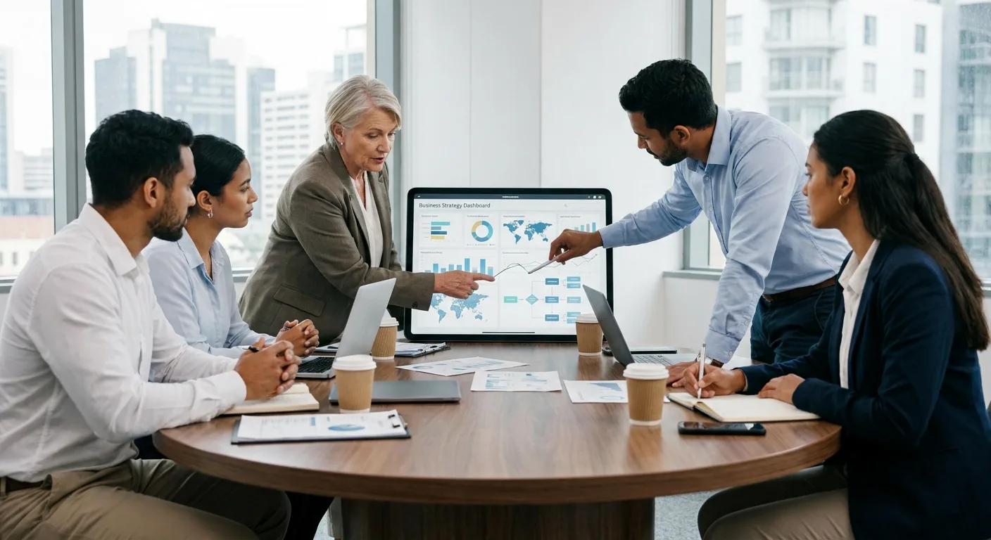 A business team looking at a tablet and strategising around a table.