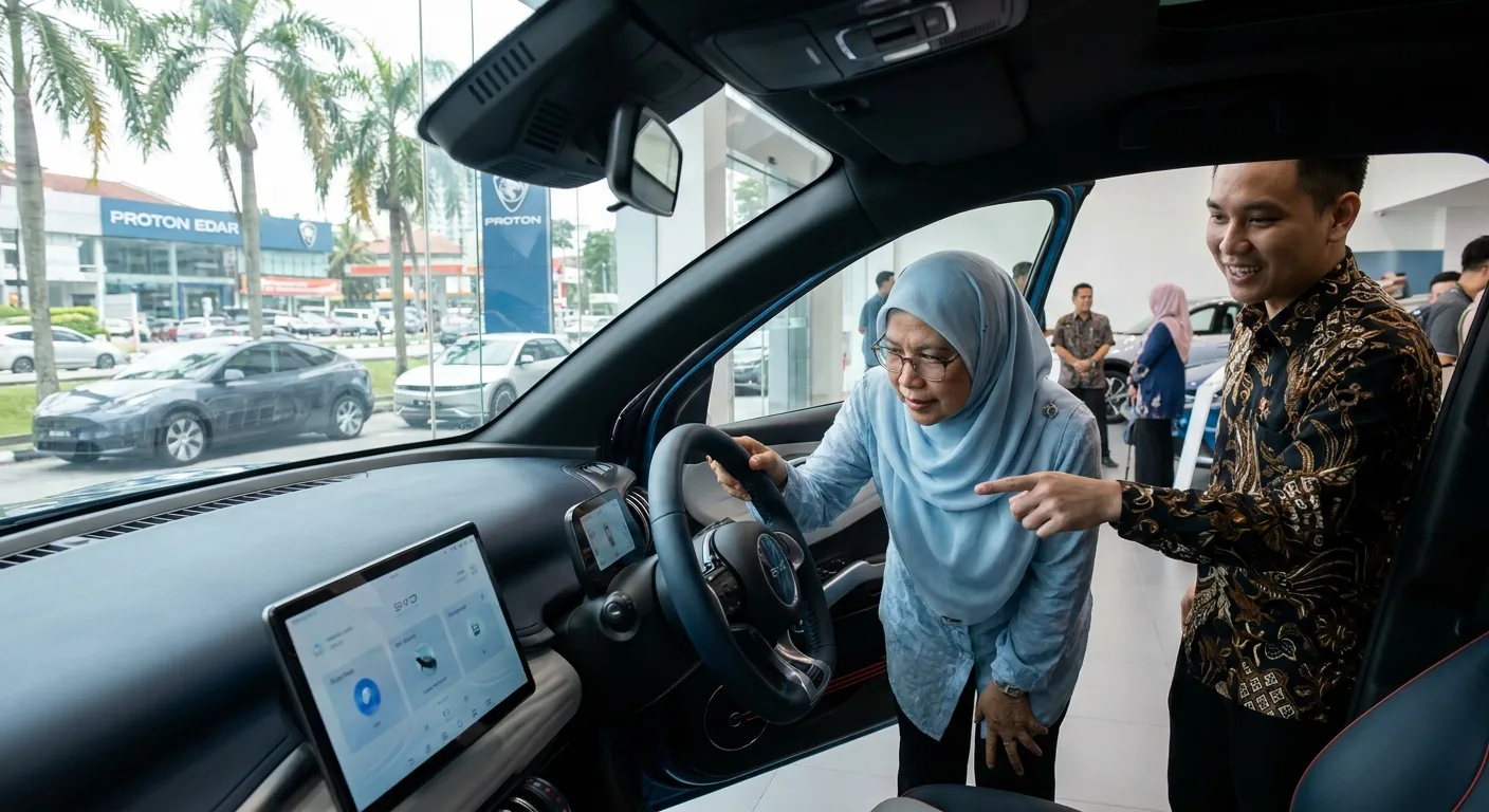 A customer inspecting a new electric vehicle in a Malaysian showroom.
