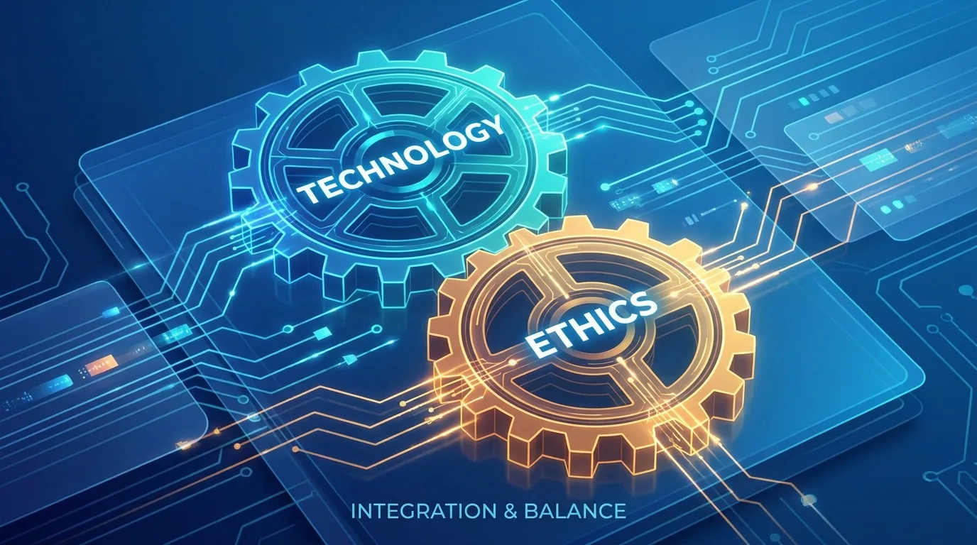 A digital graphic showing interlocking gears labelled 'Technology' and 'Ethics'.
