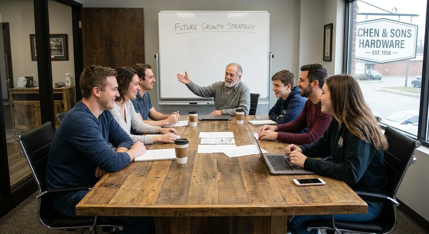 A family business meeting discussing future growth.