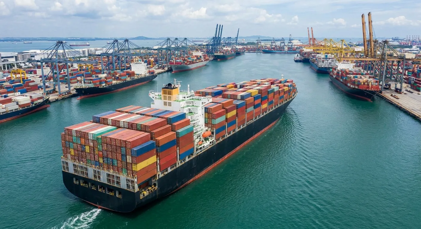 A large container ship navigating through a commercial port.