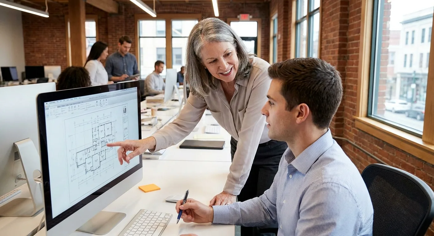 A mentor guiding a younger colleague in an office setting.