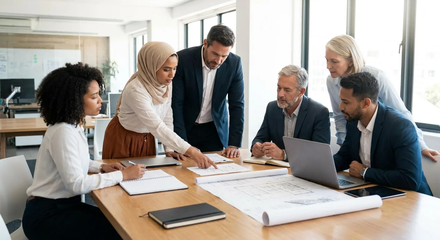 A group of diverse professionals working together around a table.