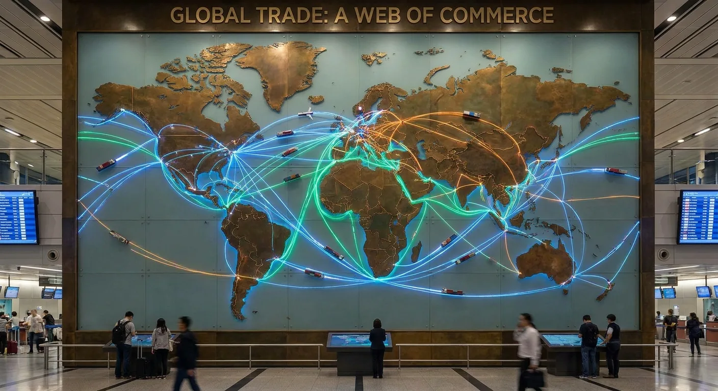 A world map with connecting lines between countries, symbolising global trade.
