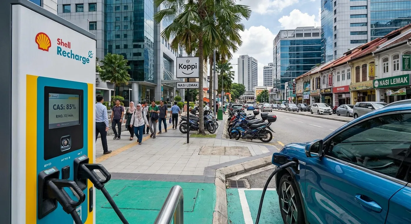 An EV being charged at a public charging station in Malaysia.