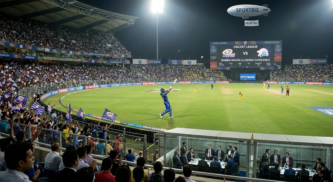 An exciting cricket match in a packed stadium, showcasing the business of sport.