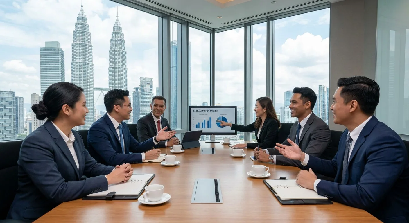 Business leaders in Kuala Lumpur discussing global market trends.