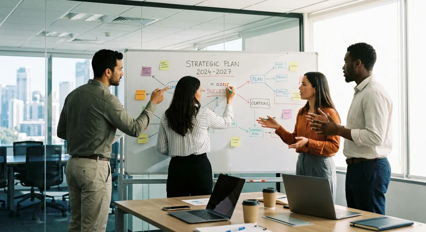Colleagues discussing a strategic plan on a whiteboard.