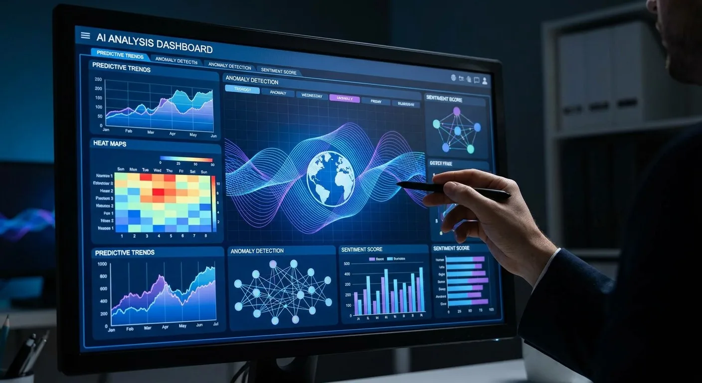 Data visualisations on a screen, representing AI analysis.