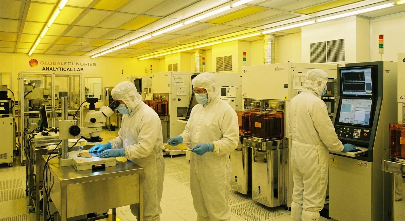 Engineers working on a semiconductor wafer in a cleanroom.
