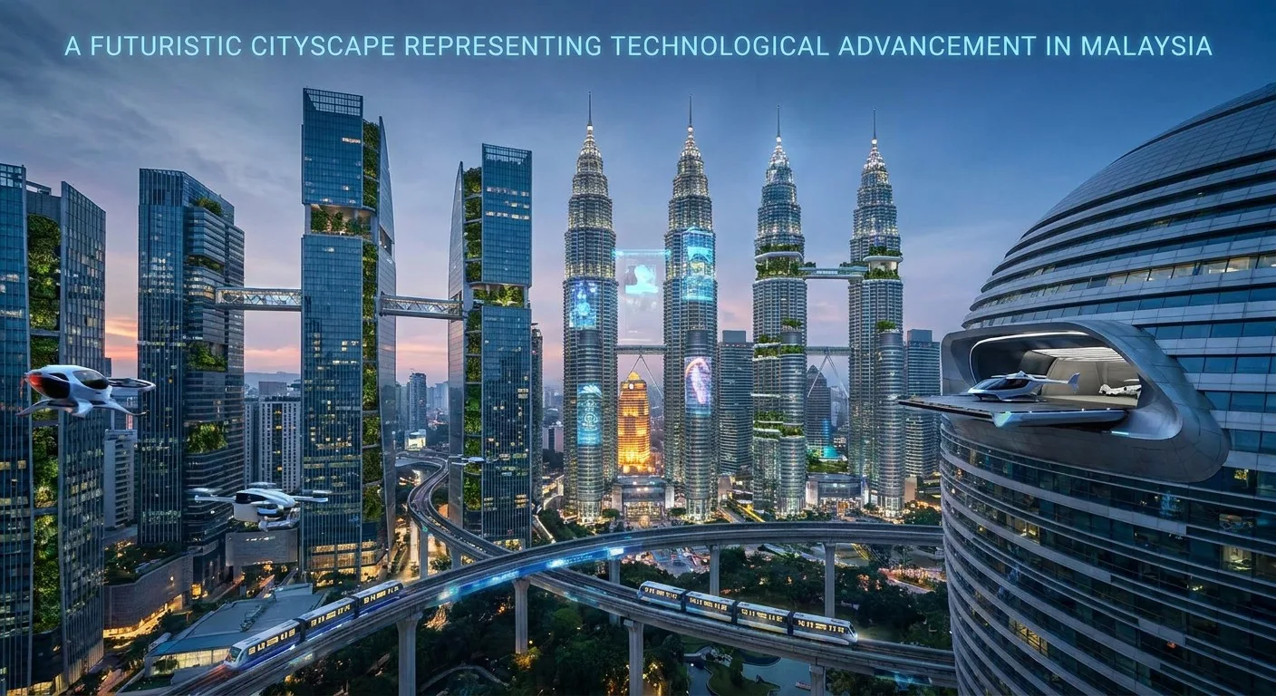 A futuristic cityscape representing technological advancement in Malaysia.