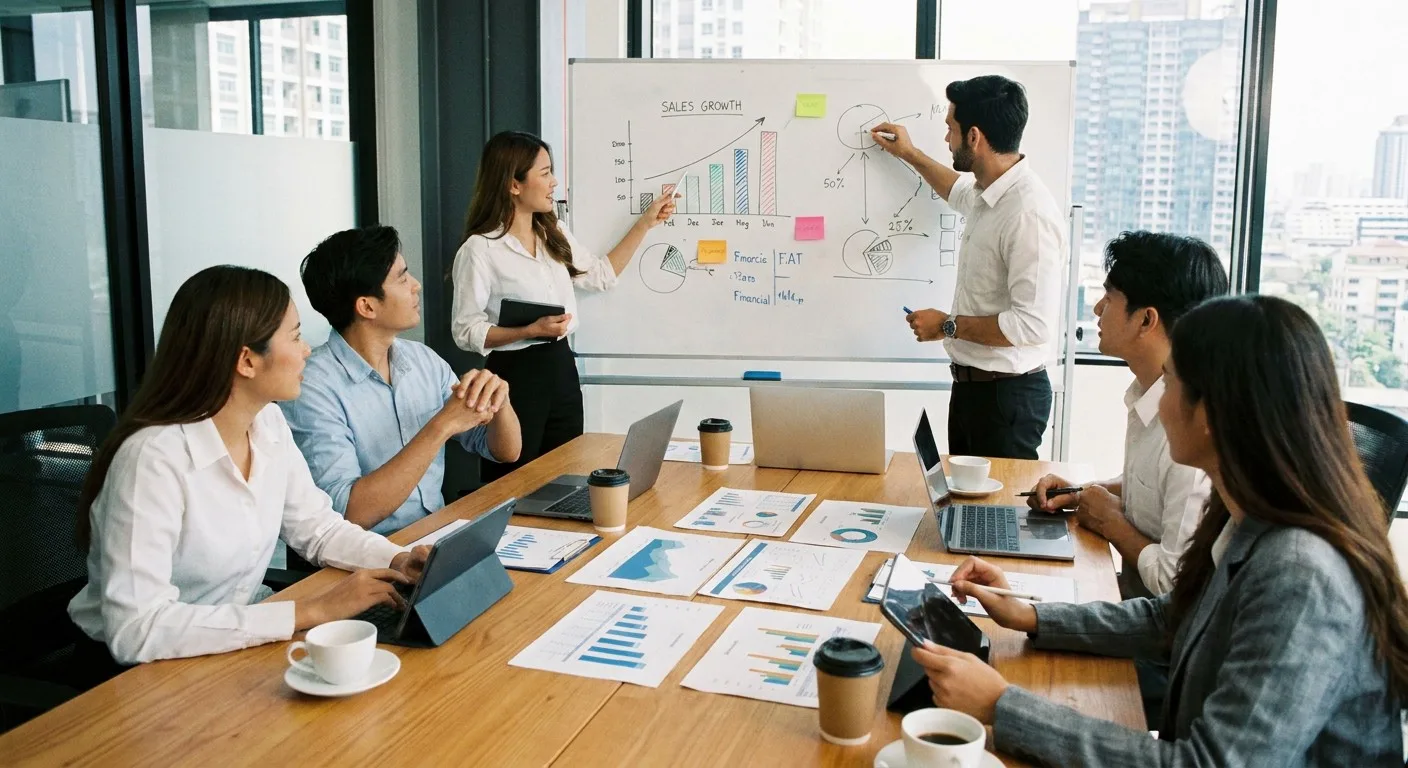 Business team collaborating around a table with charts.