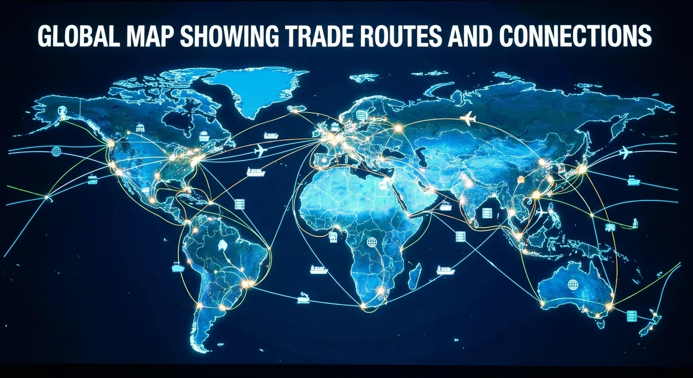 Global map showing trade routes and connections.