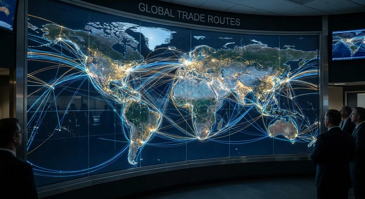 Global trade routes lighting up a world map.