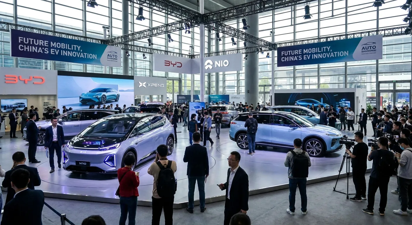 Modern Chinese EVs on display at an international motor show.