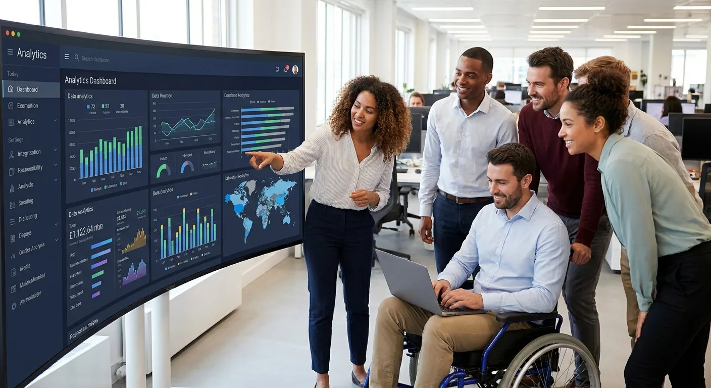A diverse team collaborating around a screen showing data analytics.