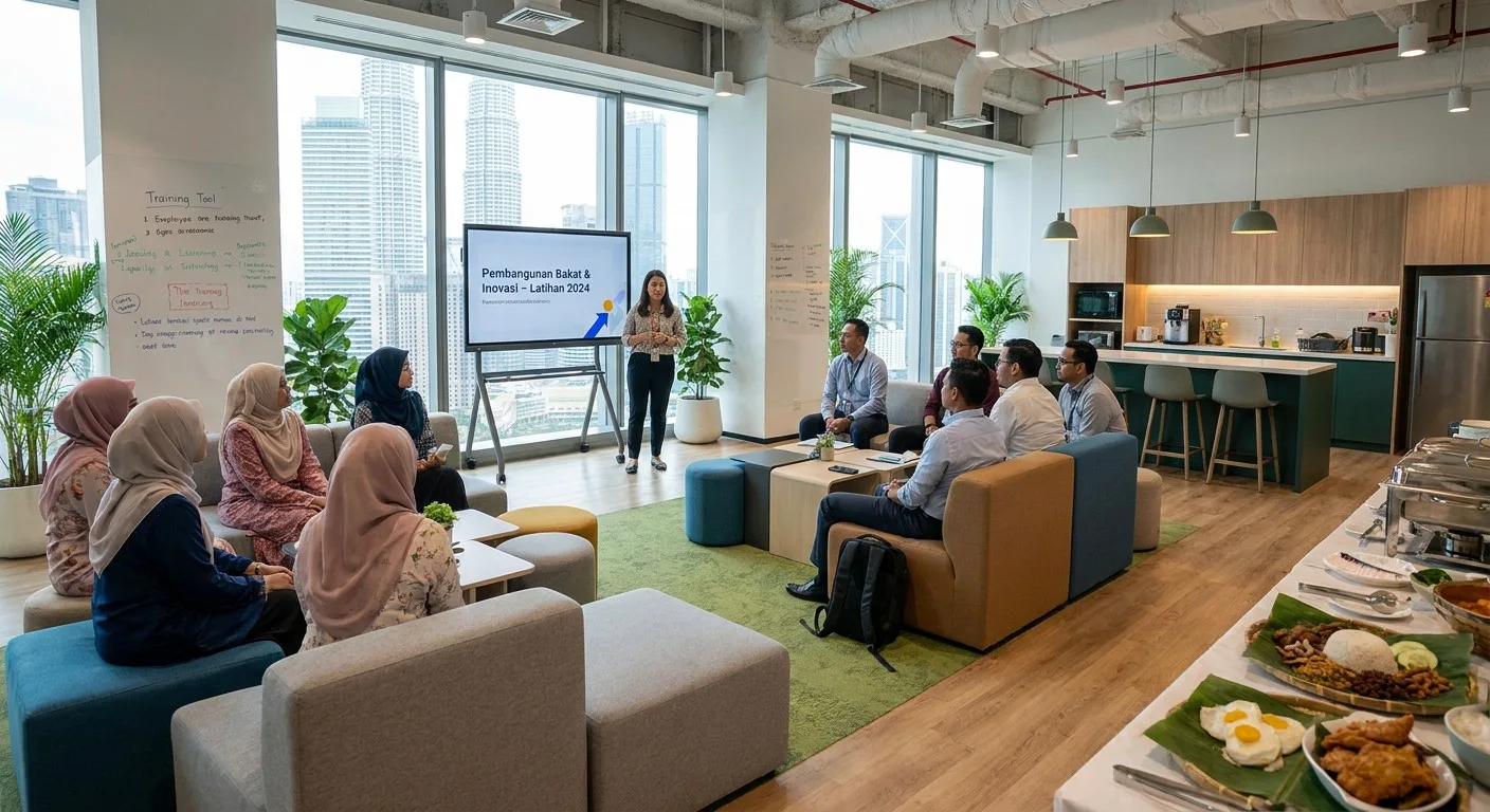 Modern Malaysian office with employees in a training session.