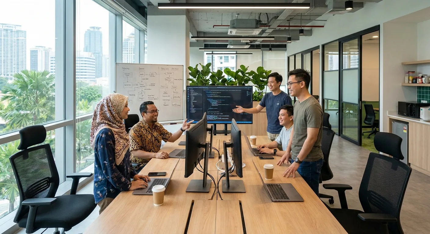 Tech professionals collaborating on a project in a modern Malaysian office.