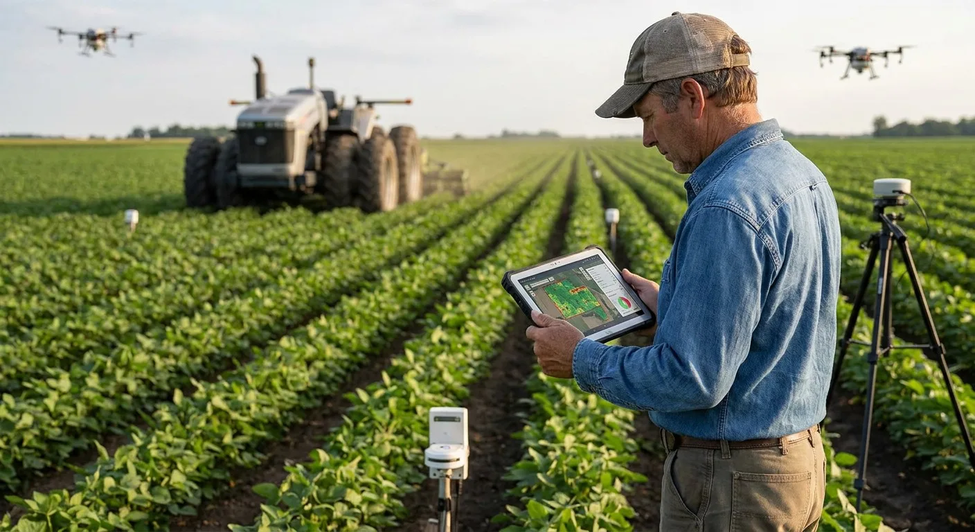 A farmer using a tablet in a field, representing precision agriculture.