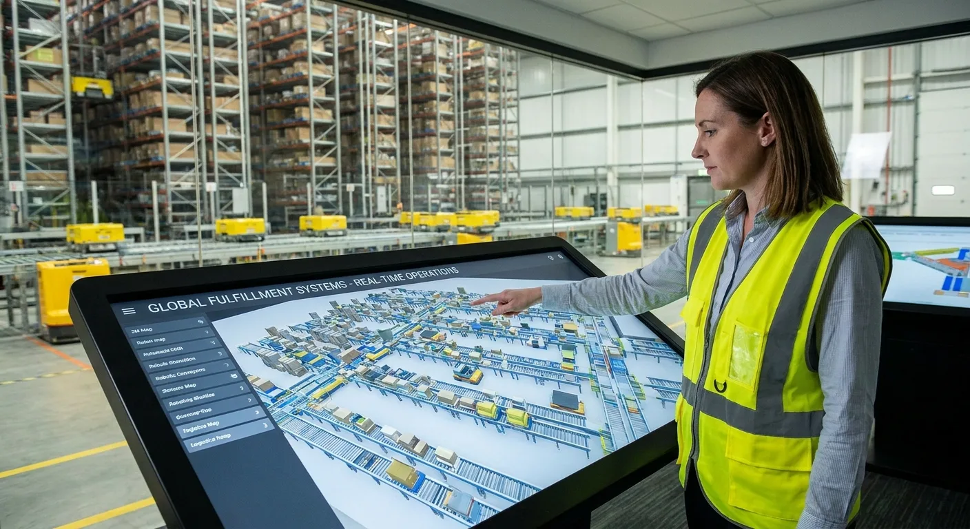 A logistics manager overseeing an automated warehouse system on a digital interface.