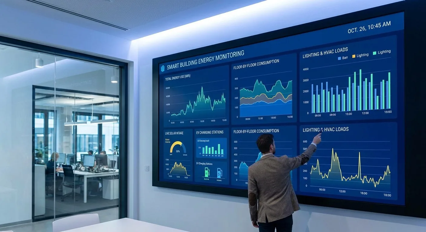 A dashboard showing real-time energy consumption data in a smart building.
