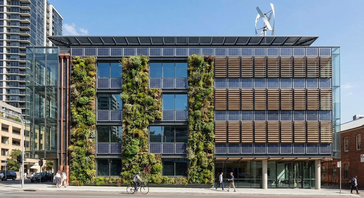 A modern building facade designed for energy efficiency.