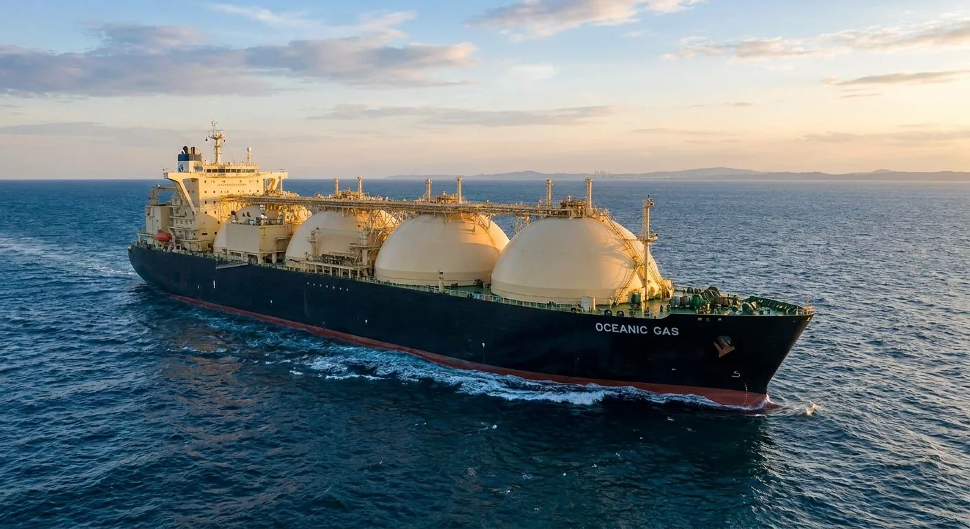 A tanker carrying Liquefied Natural Gas (LNG) at sea.