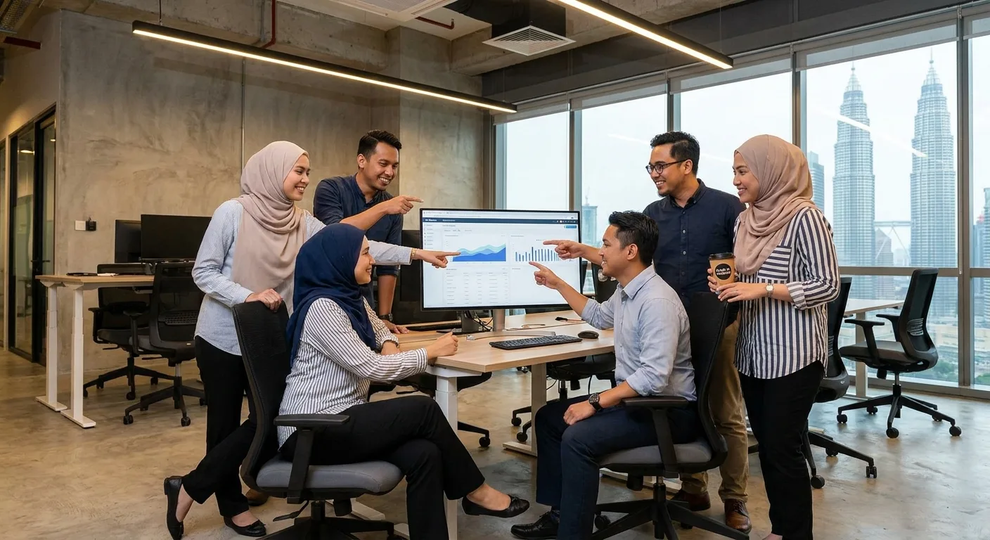 A team of Malaysian professionals collaborating in a modern tech office.