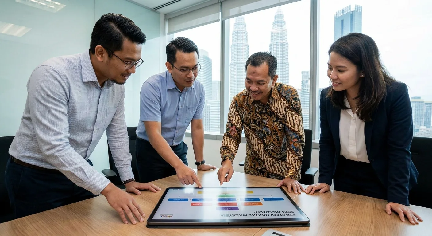 A team of Malaysian professionals discussing a new digital strategy on a tablet.