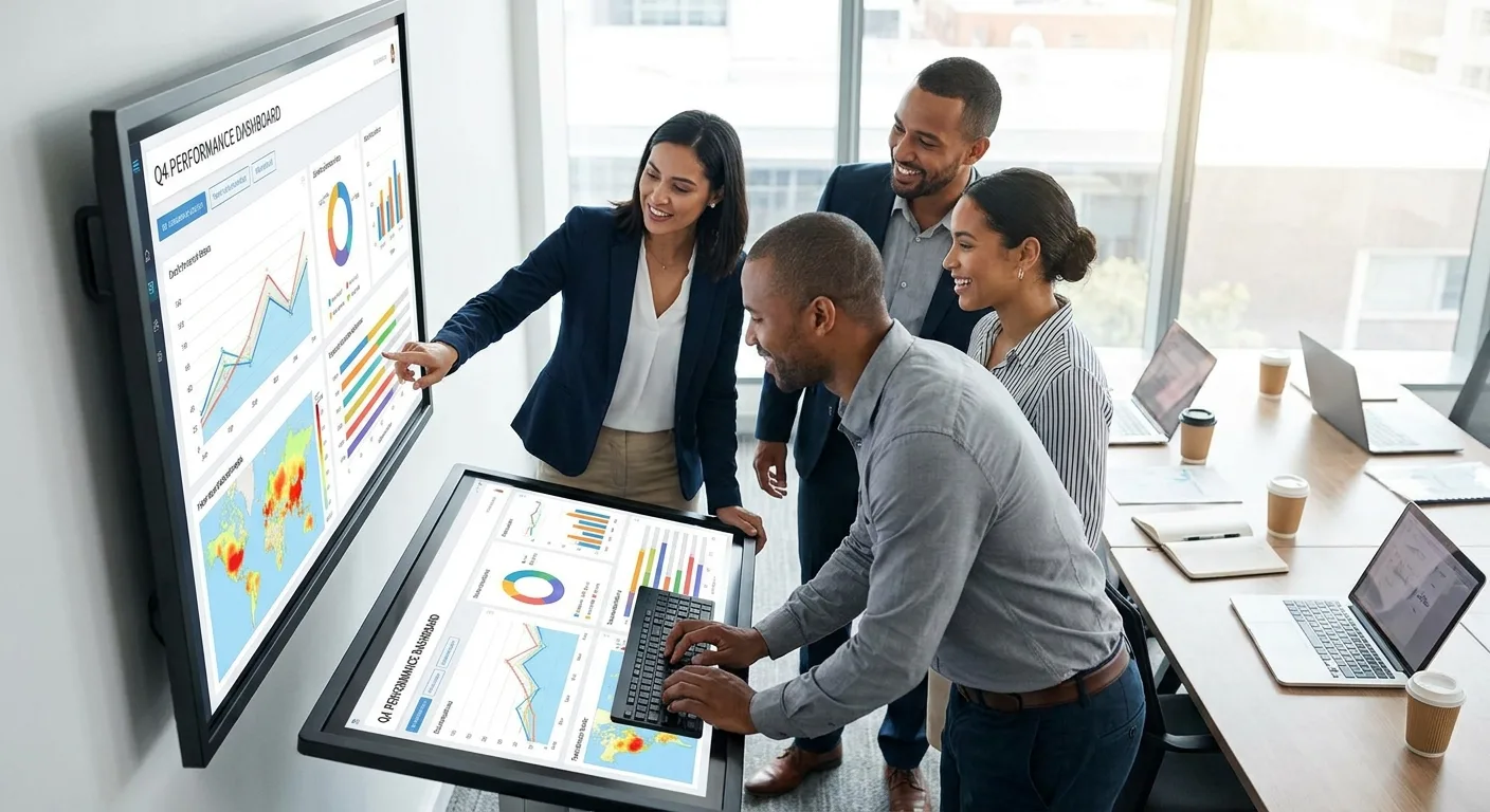 A team of professionals collaborating around a screen displaying data analytics.