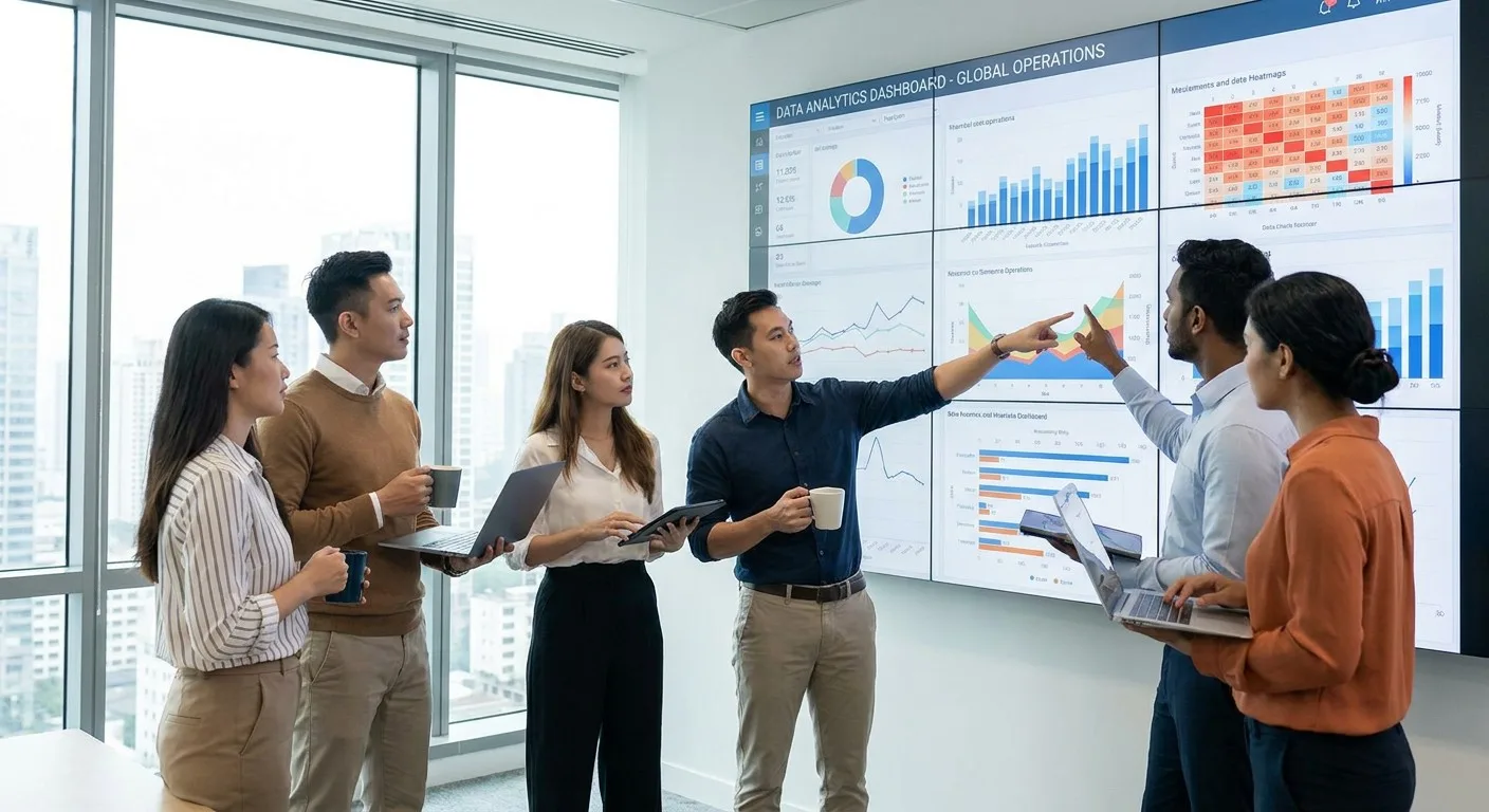 A team of professionals collaborating on a data analytics dashboard.