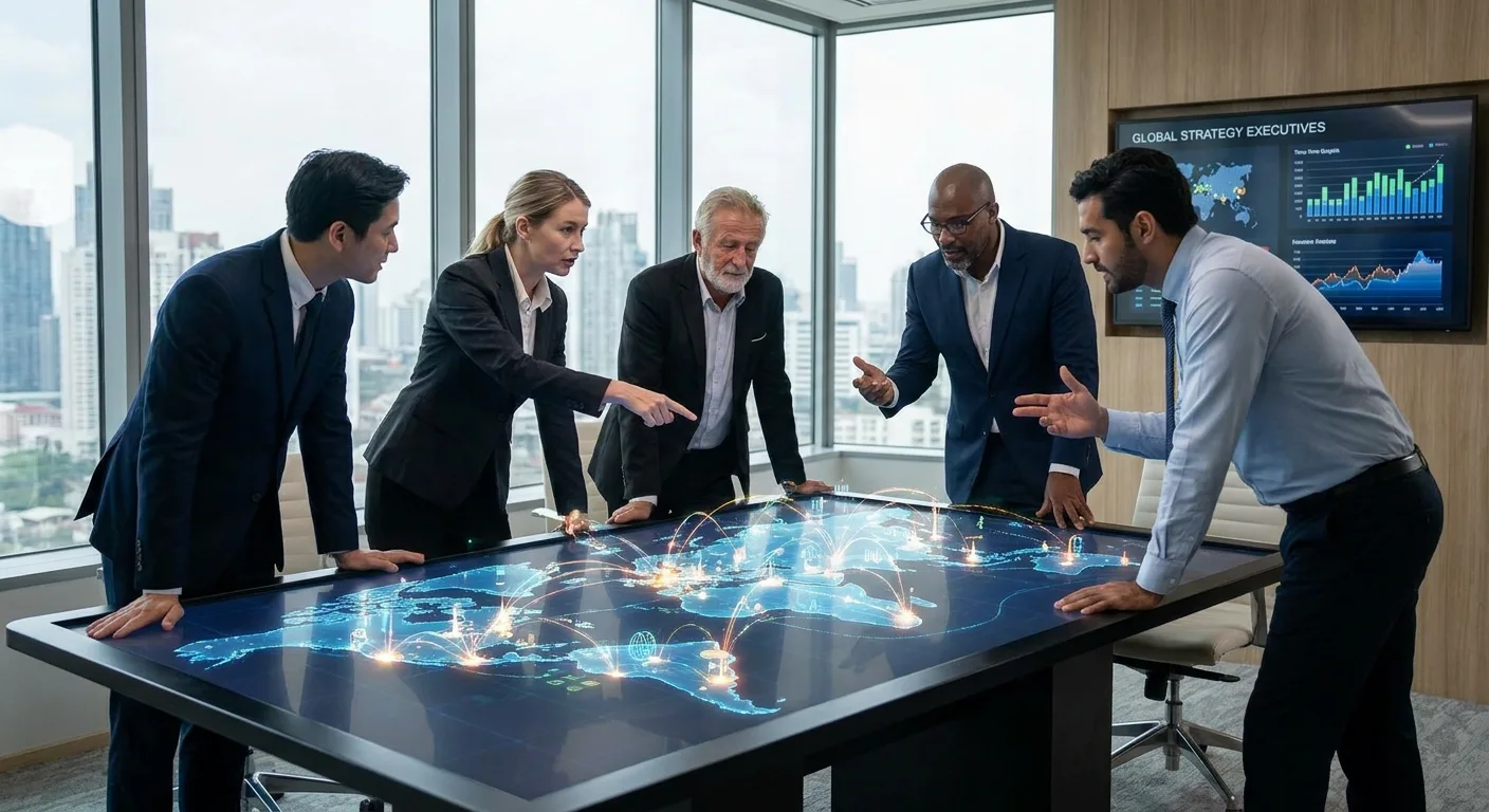 Business leaders analysing a world map with interconnected data points.