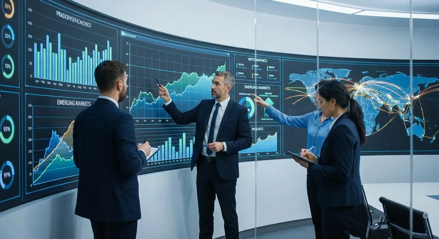 Business leaders analysing global market trends on a digital display.