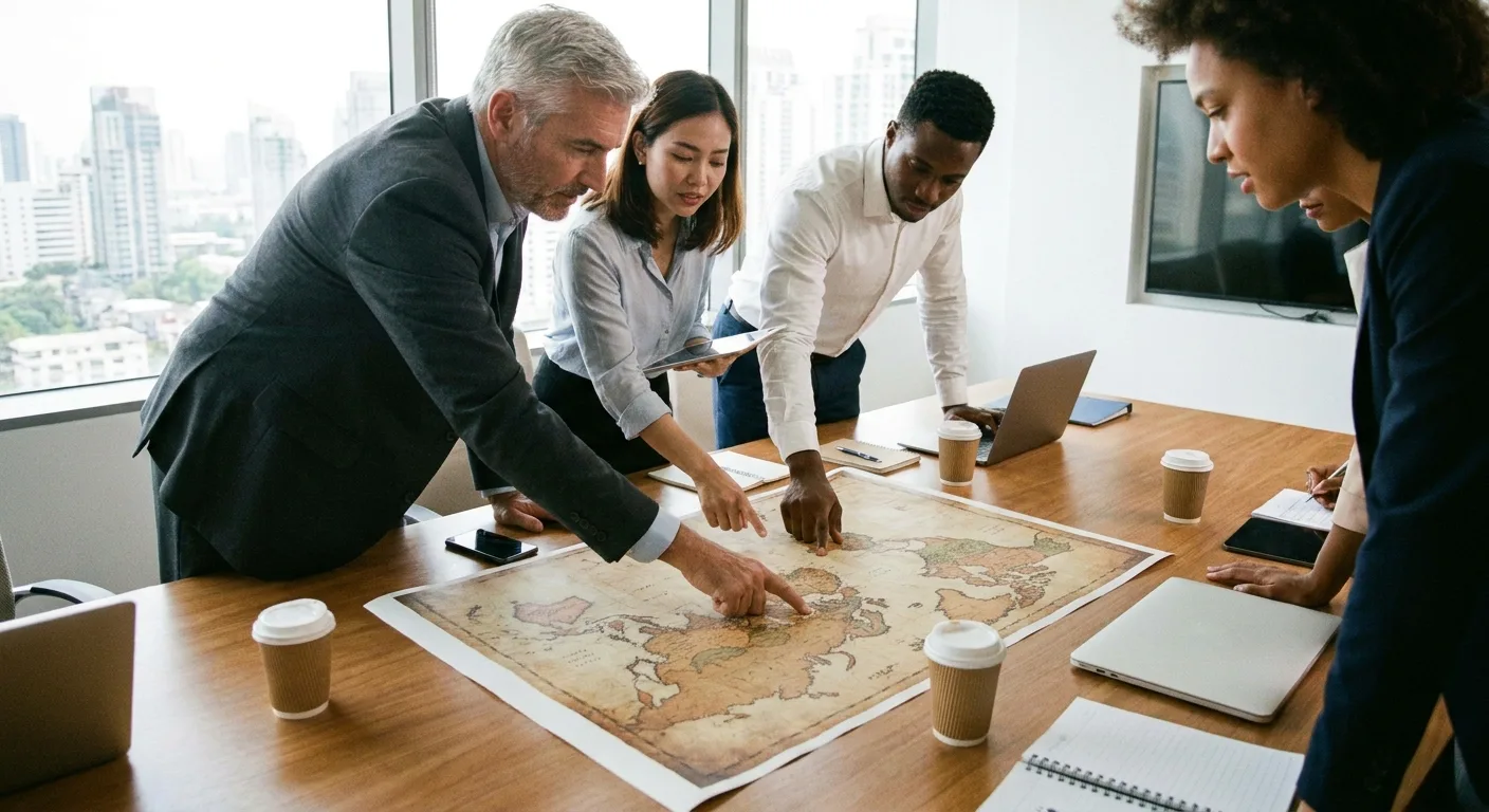 Business leaders in a meeting, pointing at a world map.