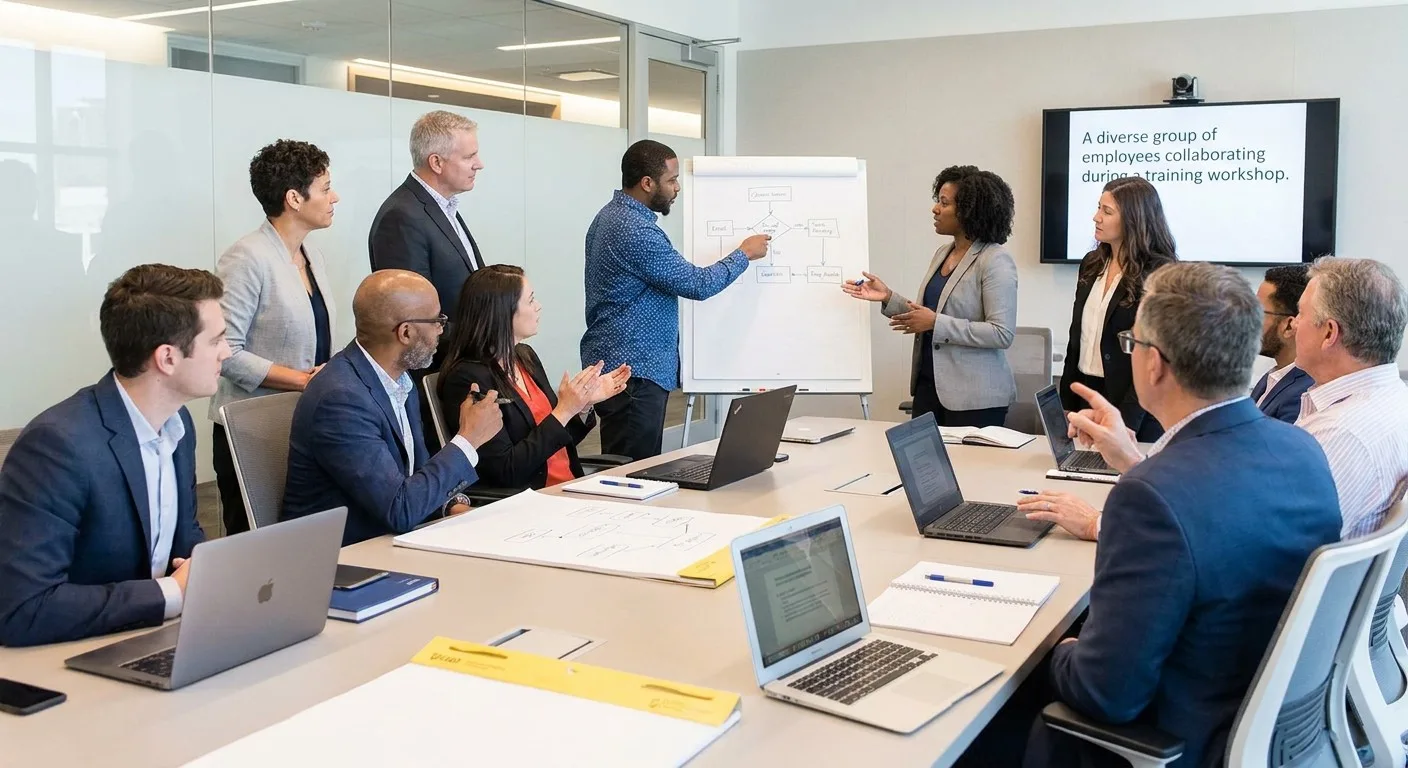 A diverse group of employees collaborating during a training workshop.