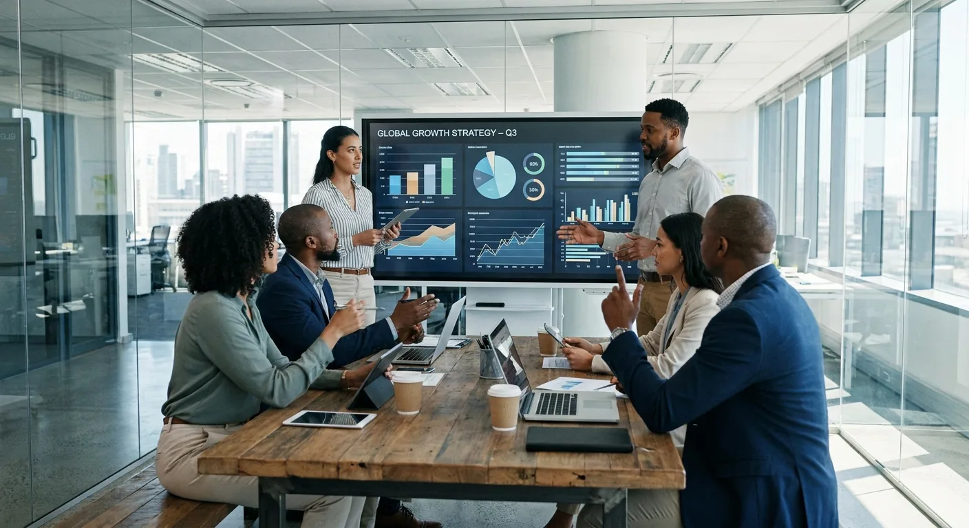 Business leaders in a modern office analysing data on a screen.