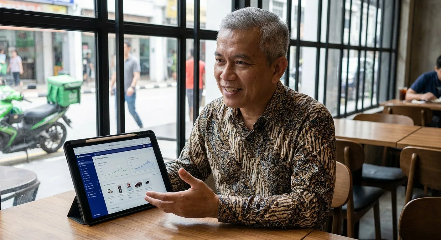 A Malaysian business owner using a tablet to manage their online store.