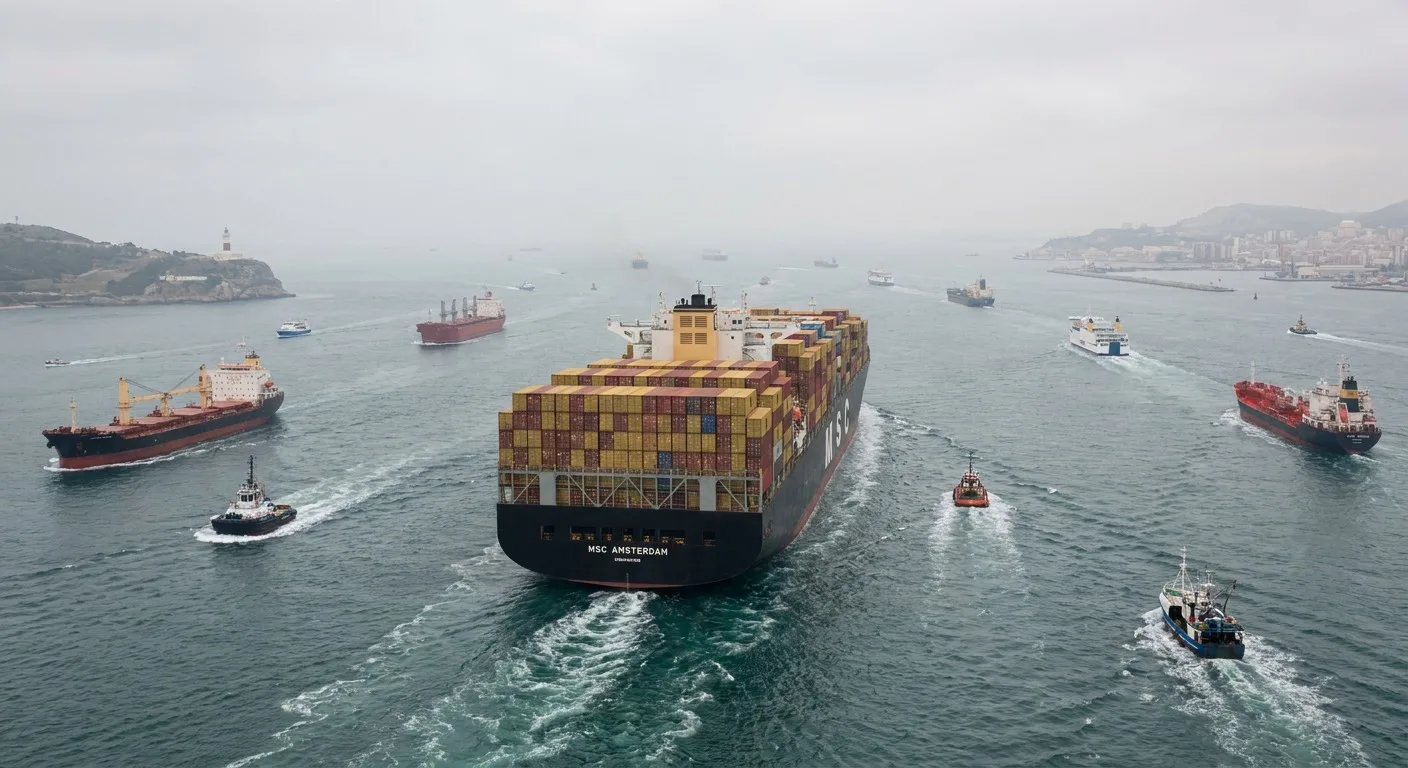 A container ship navigating a busy shipping lane.