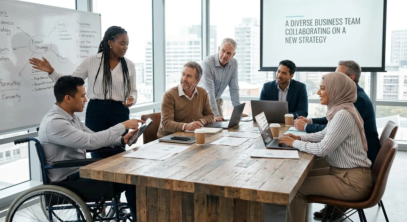 A diverse business team collaborating on a new strategy.