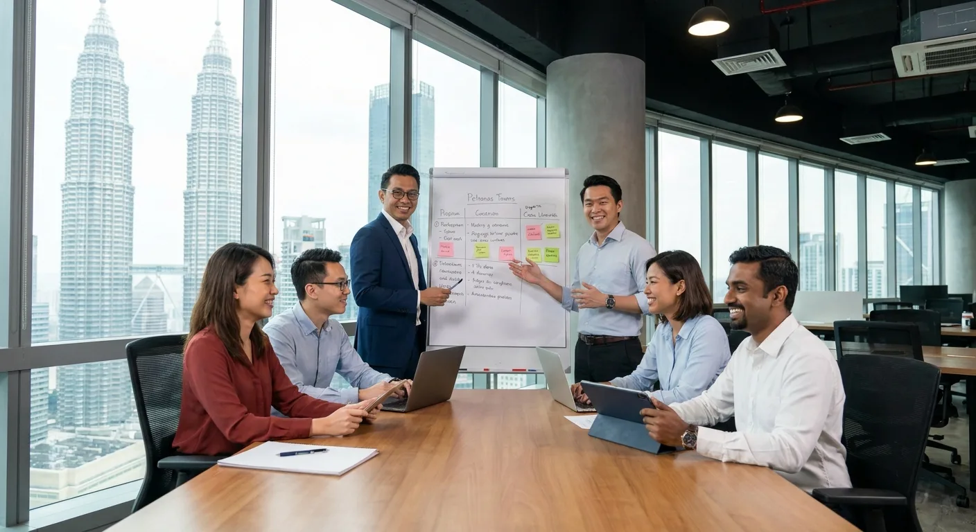 A diverse team collaborating in a modern Malaysian office.