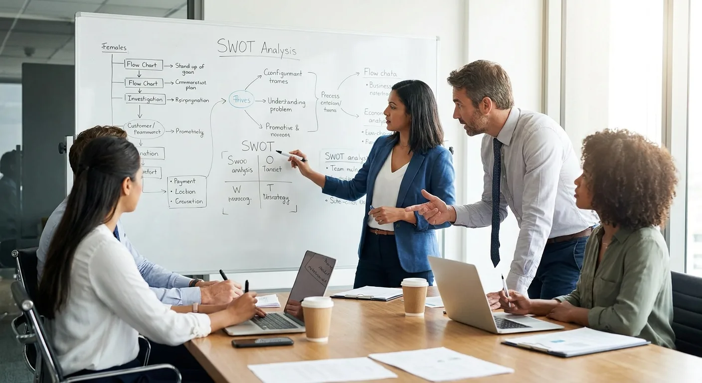 A focused business team strategising around a whiteboard.