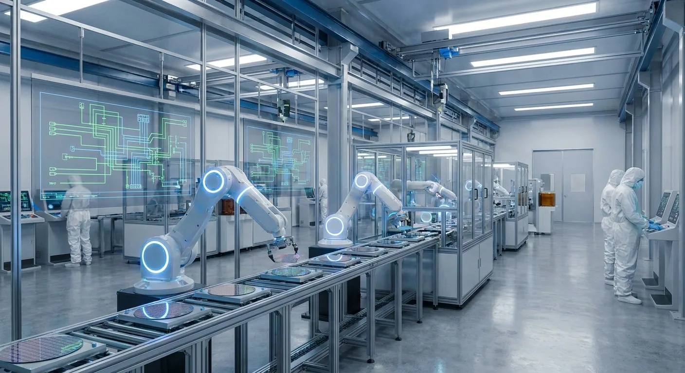 A modern factory floor showing automated robotics in a semiconductor plant.