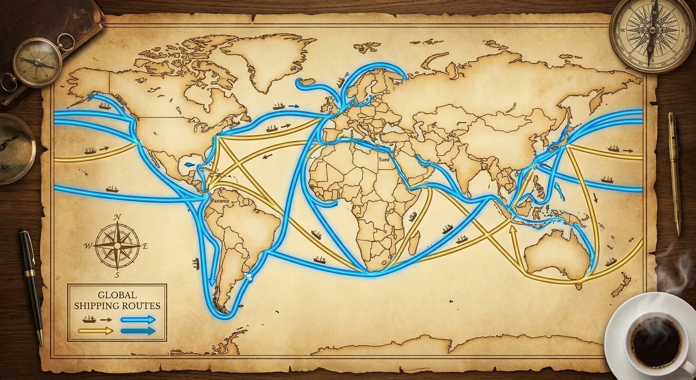 A world map with key global shipping routes highlighted.