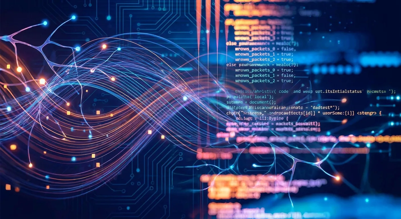 An abstract graphic representing AI data streams and neural networks.