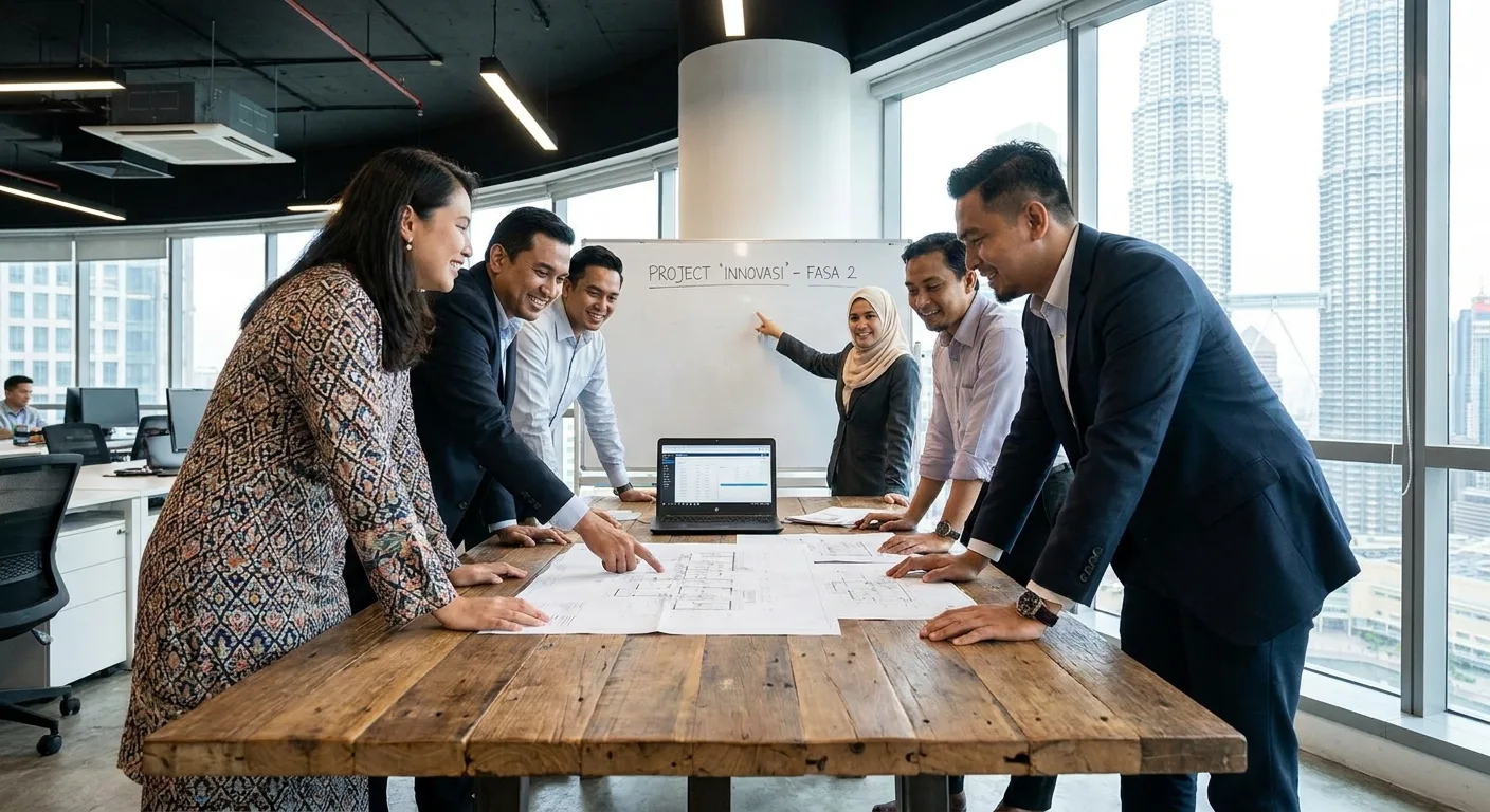 A team of Malaysian professionals in a modern office collaborating around a table.