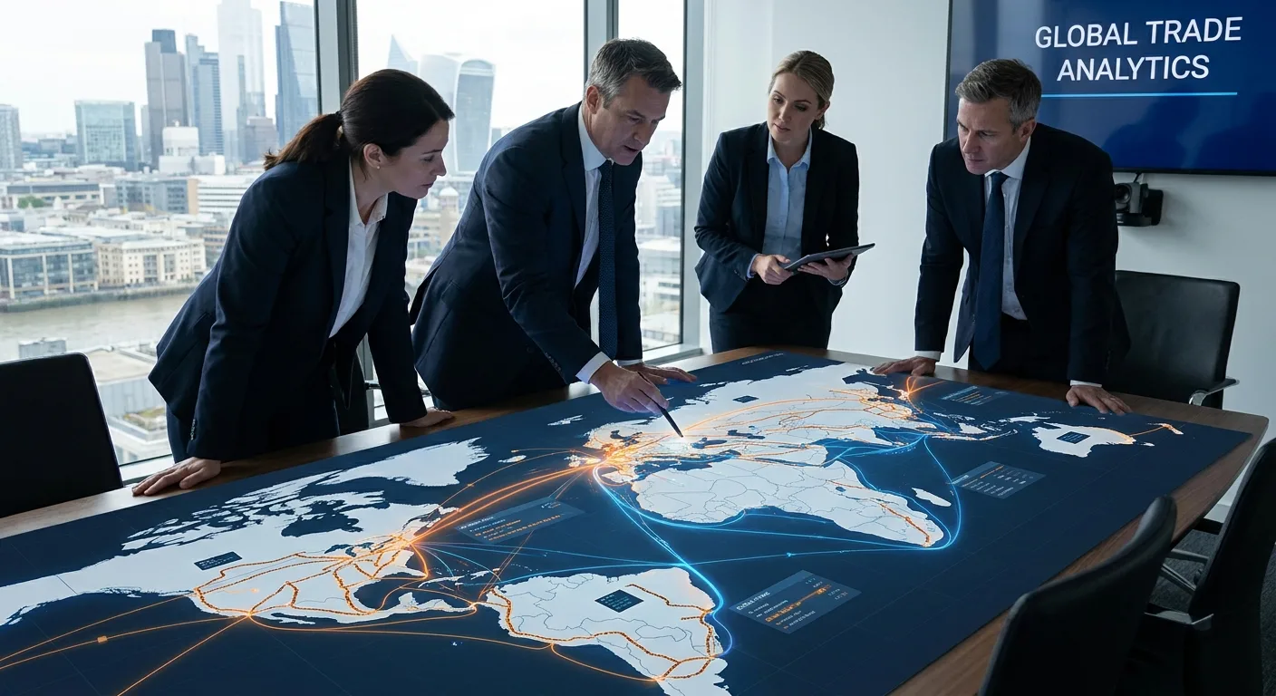 Business executives reviewing a world map highlighting trade routes.
