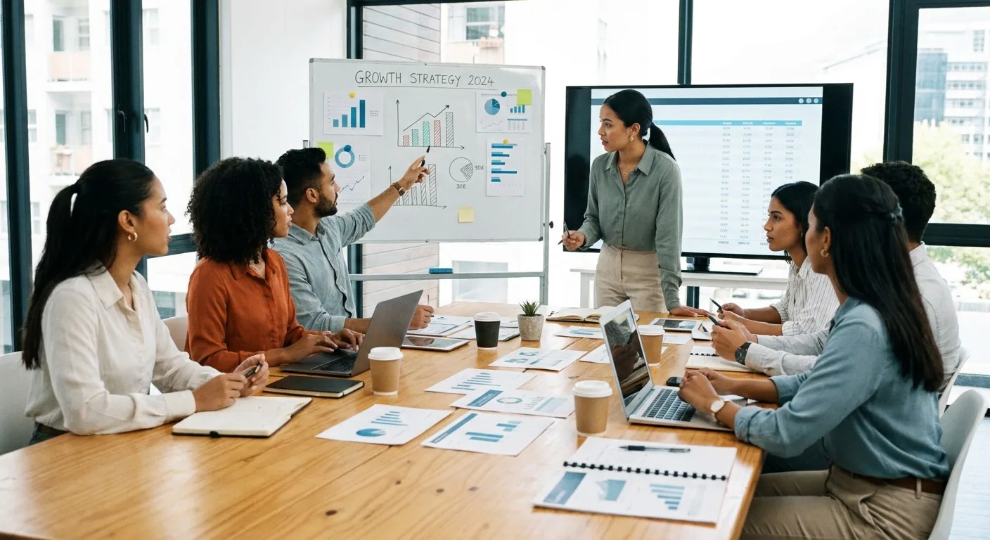 A team planning and discussing a business strategy around a table.