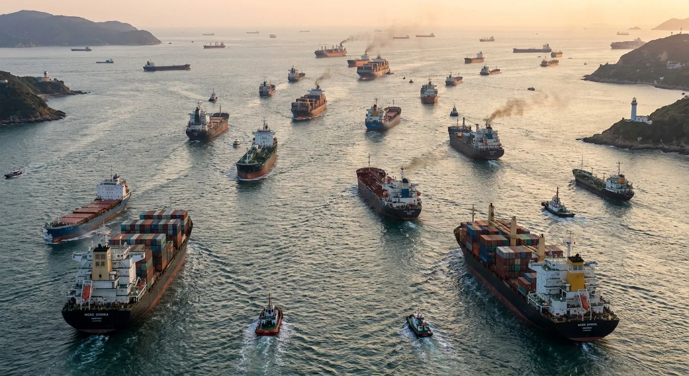 Cargo ships navigating a busy maritime route.