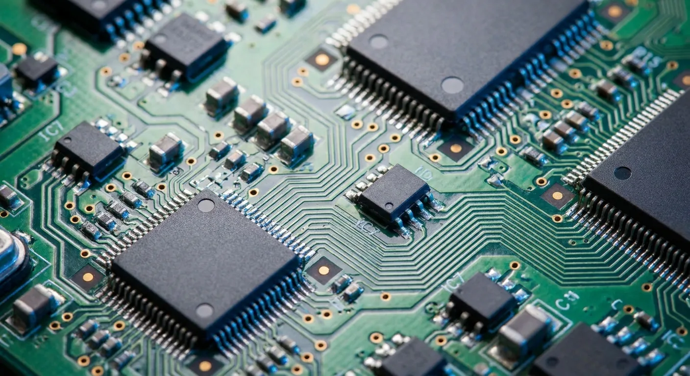 Close-up of a semiconductor circuit board.