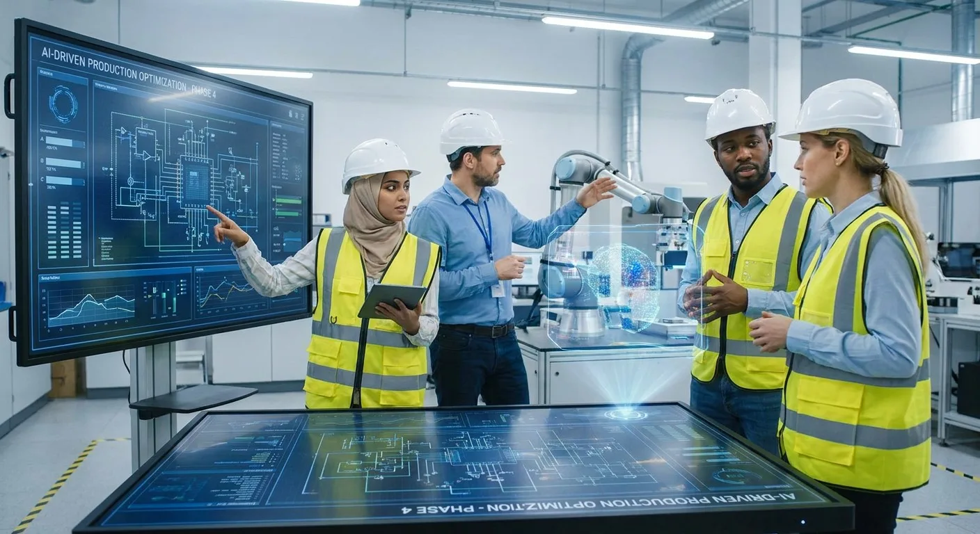 Engineers collaborating on an advanced AI-driven manufacturing project.